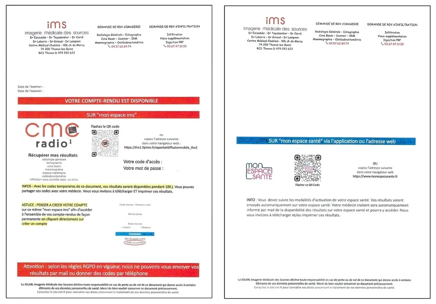 Access document for Mon espace IMS and Mon espace santé results